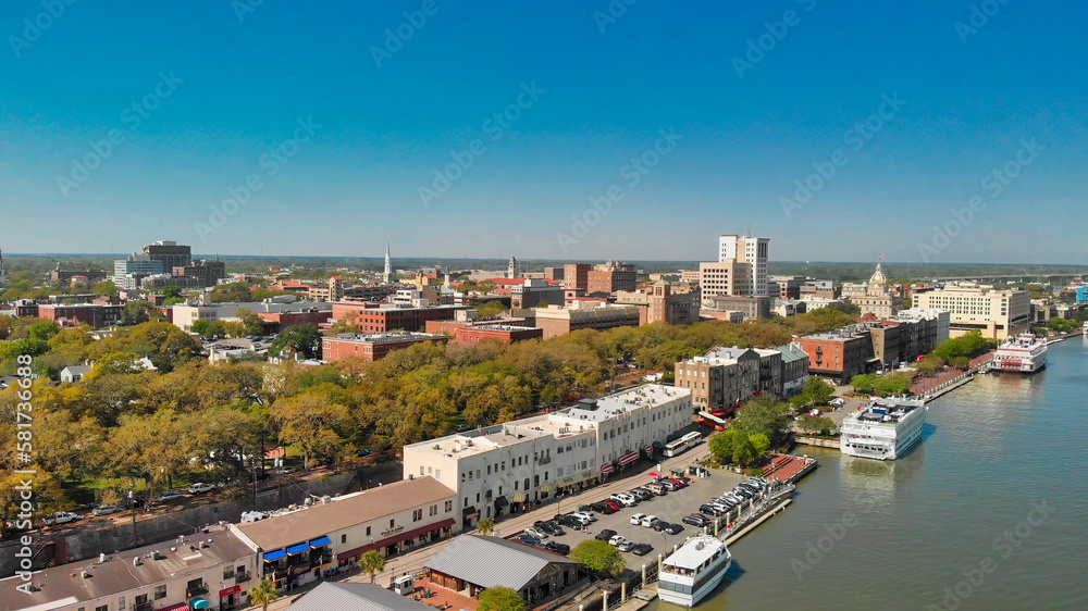 Aerial view of Savannah skyline and river from drone - Georgia - USA