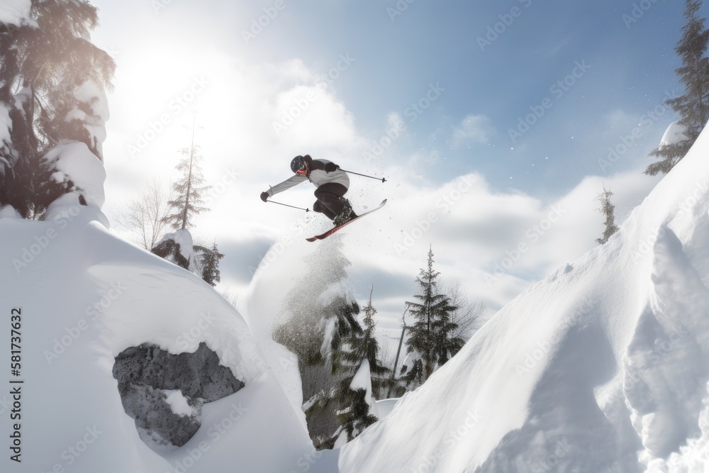 An extreme athlete is performing a ski jump on a snowy mountain during winter. Generative AI