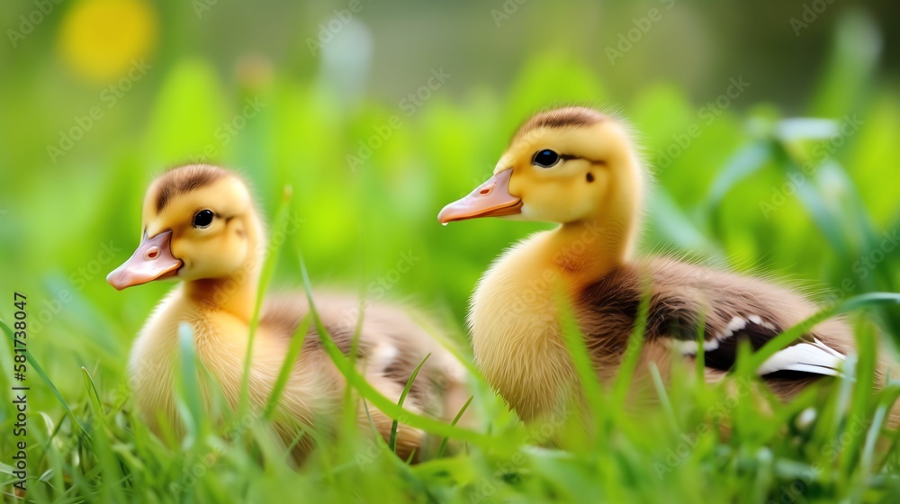 Ducklings on green grass, close-up, shallow depth of field