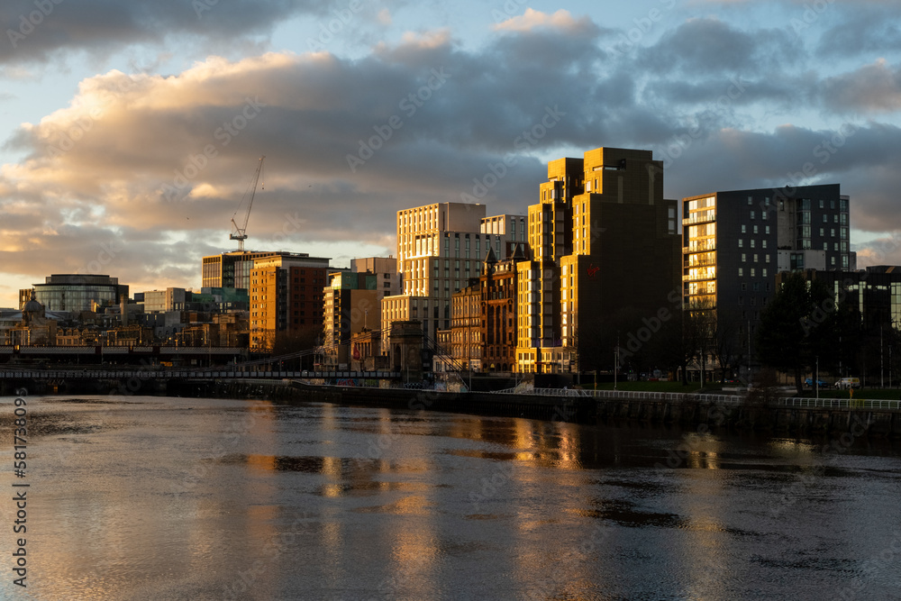 Glasgow cityscape seen from the river Clyde, Scotland
