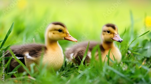 Ducklings on green grass, close-up, shallow depth of field