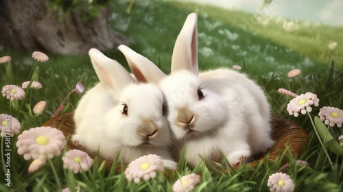 Two white rabbits in a basket with flowers on a background of green grass