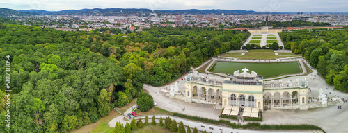 Schonbrunn Palace aerial panoramic view in Vienna, Austria. Schloss Schoenbrunn is an imperial summer residence