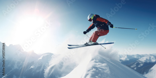 An extreme athlete is performing a ski jump on a snowy mountain during winter. Generative AI