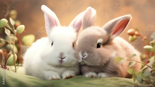 Cute rabbits on green background, closeup. Easter holiday concept
