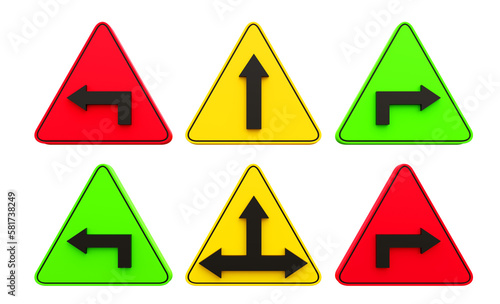  Traffic warning sign pointing left and right. Straight  contrast  contrast  divergence  different directions  multicolored. 3d rendering. 