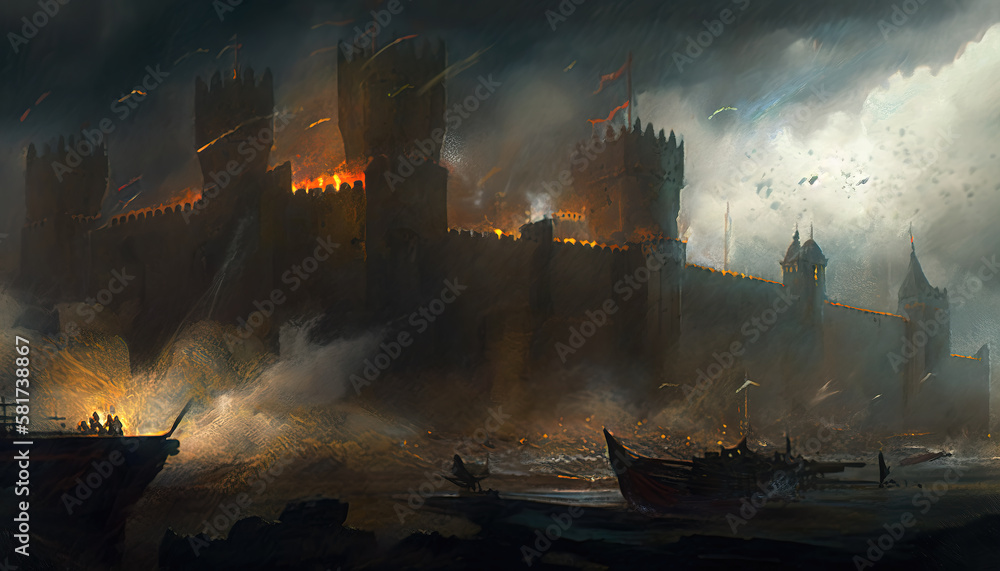 an epic medieval illustration in the night of a castle, boats in front, generative ai technology