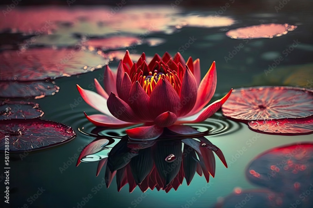 Aquatic plant buddhist symbol red lotus water flower growing on