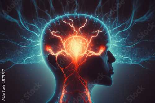 Meditation concept with human head silhouette glowing esoteric neurons in brain AI generated