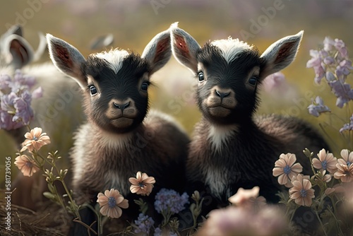 Baby Nigerian pygmy goats on a flower filled pasture. animal farm. Generative AI
