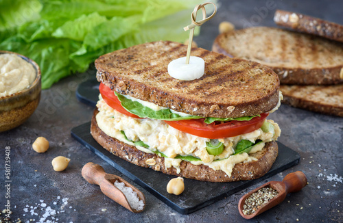 Chickpea salad sandwich prepared and served