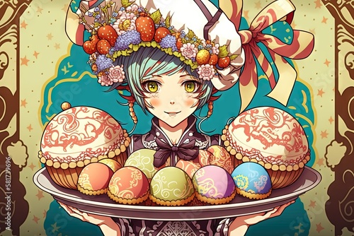 Pretty in a chef's hat holding a plate of beautifully decorated Easter eggs, with intricate patterns Easter illustration manga style generative ai