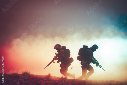 AI generated silhouettes of army soldiers attacking in smoke against sunset marines team in action © Oleksandr