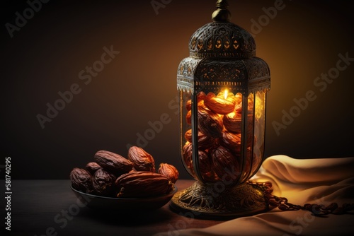 Dates fruit and a portion of a lantern are in focus, against a dark background, with bokeh lighting for the Muslim holiday of Ramadan Kareem. Generative AI © AkuAku