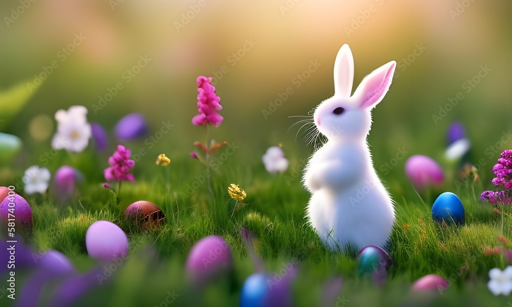 Wielkanoc, wielkanocny króliczek z kolorowymi jajkami wielkanocnymi na trawie, barwnie, soczyste wiosenne kolory, miejsce na tekst. Wygenerowane przy pomocy AI - obrazy, fototapety, plakaty 