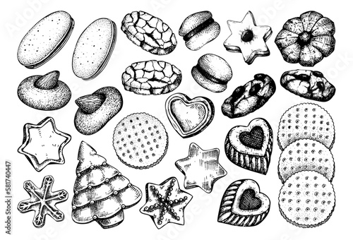 Vector collection of popular cookies in hand drawn sketch style. Cookies with almond, chocolate, icing, jam Isolated on white. Italian cookies, crackers, chips illustrations
