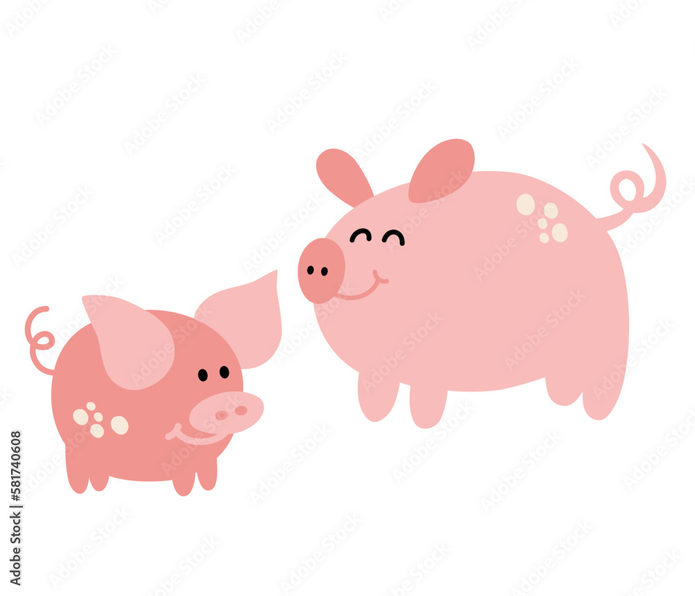Pigs. Cute cartoon pigs, adult pig and piglet. Farm animals. Perfect for kids, prints and posters. Vector hand draw illustration isolated on the white background. Pigs. Cute cartoon pigs, adult pig and piglet. Farm animals. Perfect for kids, prints and posters. Vector hand draw illustration isolated on the white background.