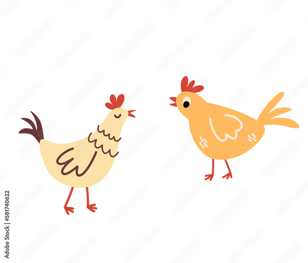 Chickens. Collection with farming hen. Different pullet. Farm animals. Perfect for kids, prints and posters. Vector hand draw illustration isolated on the white background. 