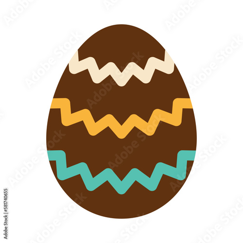 Easter brown egg with wave ornament. Green and yellow zig zags. Egg hunt. Easter tradition. Chocolate egg in flat design.