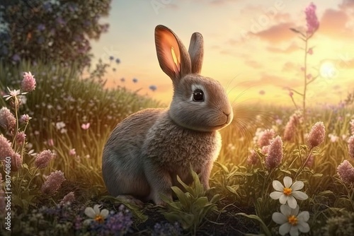 Brown rabbit in a clover meadow during sunset. Cute brown rabbit. AI generated