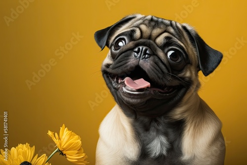 Pug dog with copy space and a hilarious charming background that's bright yellow. Adorable puppy in studio portrait with tongue sticking out and a joyful expression. Concept for Purebred Dogs
