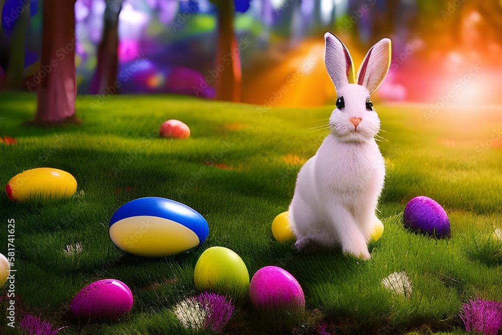 Wielkanoc, wielkanocny króliczek z kolorowymi jajkami wielkanocnymi na trawie, barwnie, soczyste wiosenne kolory, miejsce na tekst. Wygenerowane przy pomocy AI - obrazy, fototapety, plakaty 