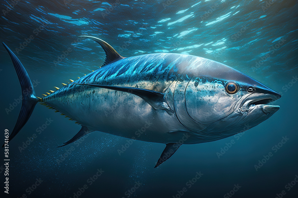 Naklejka premium Tuna fish in the ocean, illustration generative AI
