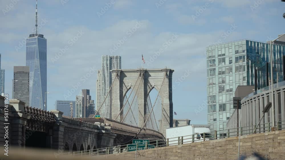 Brooklyn bridge and lower Manhattan, tracking shot with gimbal, New York Brooklyn bridge and lower Manhattan, tracking shot with gimbal, New York