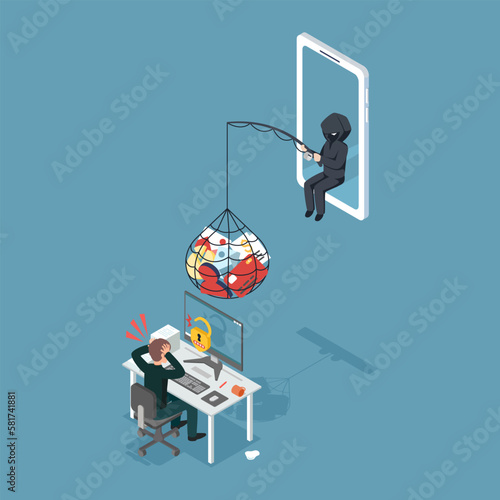 A thief Hacker attacks a laptop by stealing an account. fraud scam and steal personal data and financial documents on devices. vector illustration flat design for cyber security awareness concept.