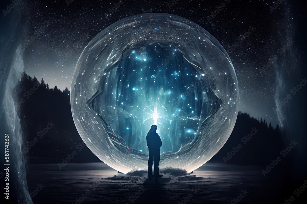 Fortune teller entity looking in the orb with universe. Digitally