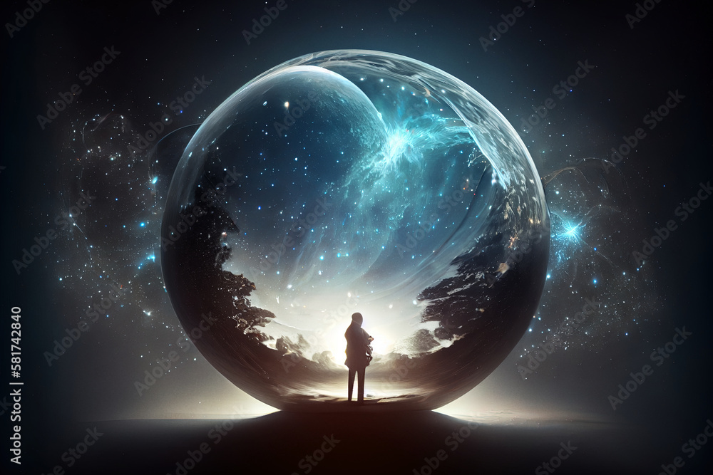 Fortune teller entity looking in the orb with universe. Digitally