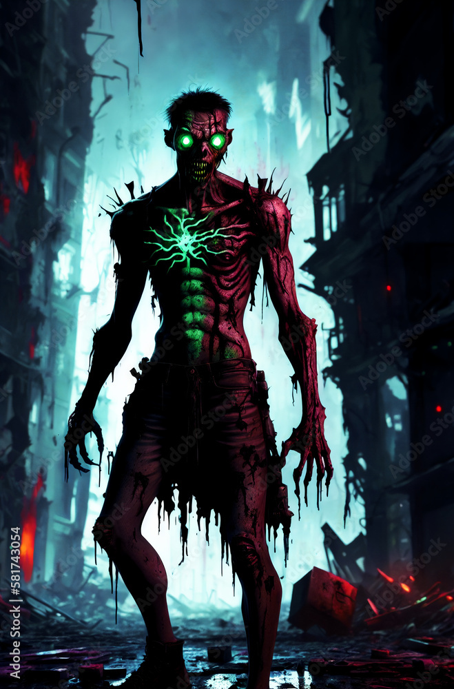 Zombie. Ugly creature with big glowing eyes. Deceased monster. Generative AI.