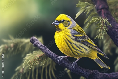 Close up of wild canary passerine bird perched on tree in nature. Generative AI