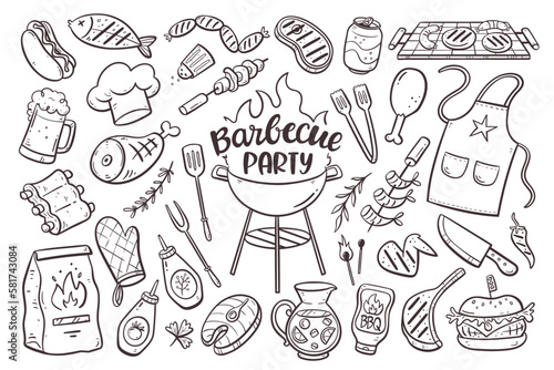 Barbecue party background with meat, burgers, sausages, and barbecue utensils. Collection of 35 bbq doodle elements isolated on white. Hand-drawn vector illustration.