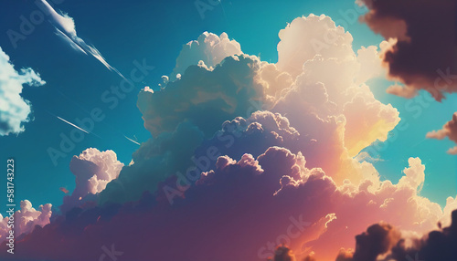 A colorful sky with clouds and the sun,   sun shining in a colorful sky with white clouds, Generative AI © drizzlingstarsstudio