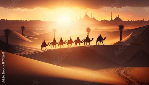 A desert scene with camels and a sunset in the background, Generative AI