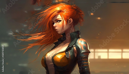 an anime girl in a cyberpunk world with long orange hair, windy scene, generative ai technology © Sternfahrer