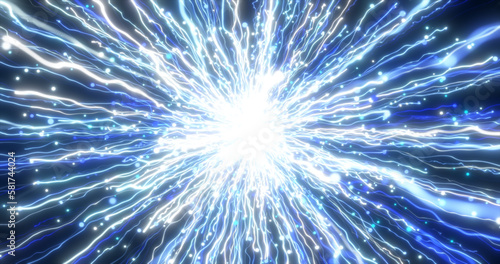 Abstract glowing energy explosion blue swirl fireworks from blue lines and magic particles abstract background