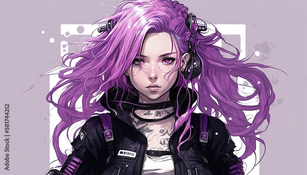 a violet haired anime girl in a banner style artwork, generative ai technology a violet haired anime girl in a banner style artwork, generative ai technology