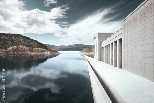 Water storage facility at the Christianoupolis Dam in Messenia, Greece. View of the artificial lake and dam water. Generative AI © AkuAku