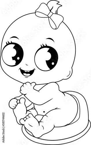 Baby girl using the potty. Vector black and white coloring page.