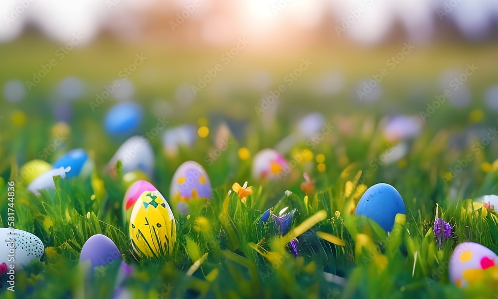 Wielkanoc, wiosenna łąka z kolorowymi jajkami wielkanocnymi, barwnie, soczyste wiosenne kolory, miejsce na tekst. Wygenerowane przy pomocy AI - obrazy, fototapety, plakaty 