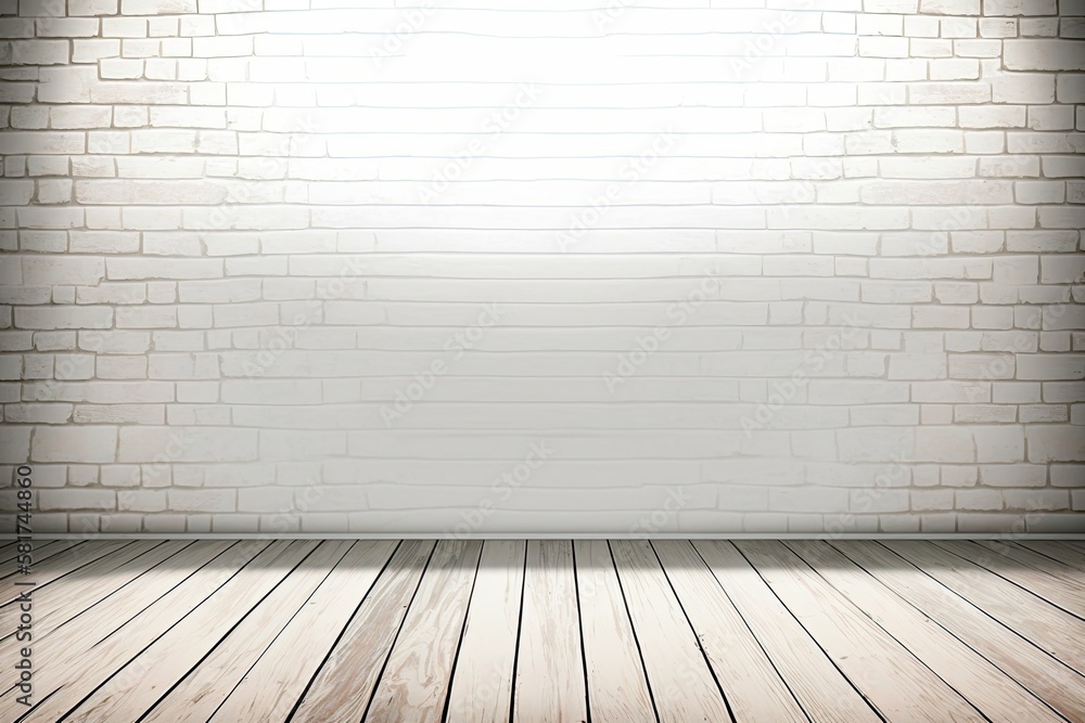 Fototapeta premium white brick wall on an empty wooden floor. Generative AI