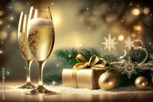 Background of the holidays of Christmas and New Year with champagne. Generative AI
