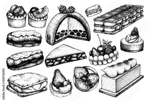 Hand drawn desserts illustrations set. Layer cakes, biscuits, eclairs,  vanilla slices, tartlets, cheesecake, meringue sketches isolated on white. Vintage food drawing for confectionery or bakery shop