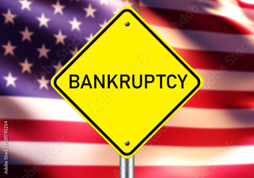 Bankruptcy sign. US flag with inscription bankrupt. Concept of economic crisis in USA. Financial problems in america. Crisis of stock market of United states. Bankruptcy of banks from USA. 3d image