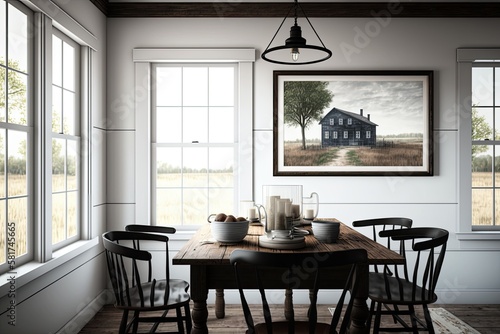 Fotomurale Interior of a farmhouse dining room with a horizontal black frame,