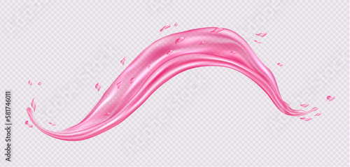 Pink water splash, realistic strawberry juice wave, transparent liquid cosmetic texture or rose wine flow. Vector design element.