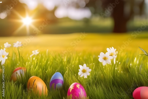 Wielkanoc, wiosenna łąka z kolorowymi jajkami wielkanocnymi, barwnie, soczyste wiosenne kolory, miejsce na tekst. Wygenerowane przy pomocy AI