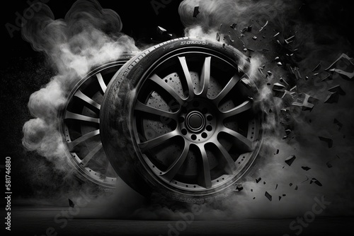 smoke filled burnt out wheels against a dark background. Generative AI